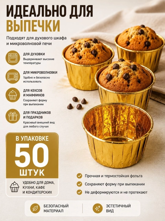 Фольгированные формы для выпечки кексов и маффинов, 50 штук, 5×4 см