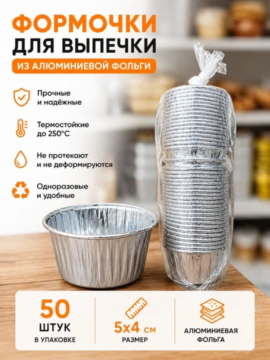 Фольгированные формы для выпечки кексов и маффинов, 50 штук, 5×4 см