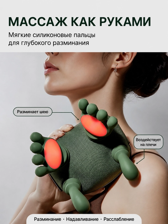 Массажёр для шеи и плеч с эффектом рук, бесщёточный мотор, подогрев, 3 режима