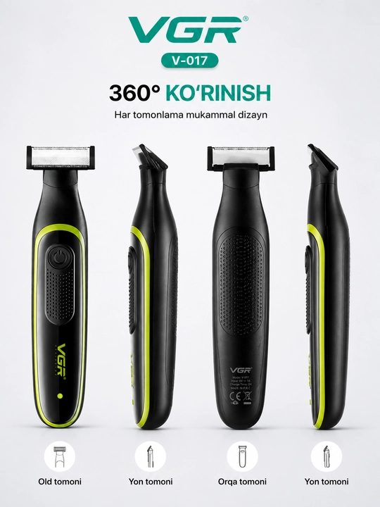 VGR V-017 professional trimmer, soqol va soch uchun elektr trimmer 3ta nasadka USB quvvatlash