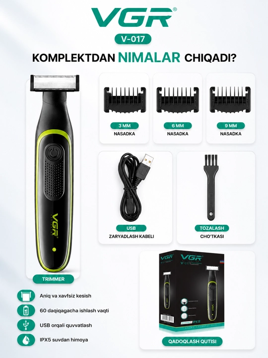 VGR V-017 professional trimmer, soqol va soch uchun elektr trimmer 3ta nasadka USB quvvatlash