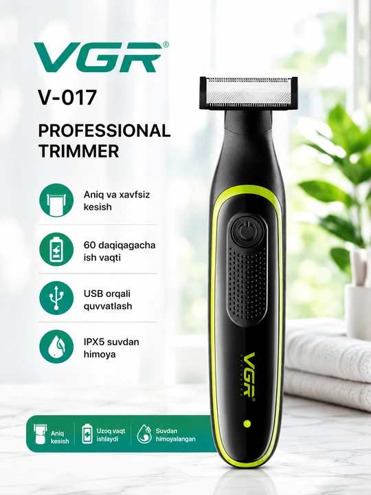 VGR V-017 professional trimmer, soqol va soch uchun elektr trimmer 3ta nasadka USB quvvatlash - 