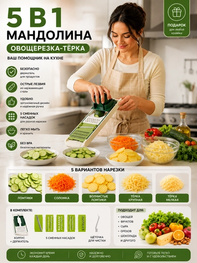 5 in 1 sabzavot to‘g‘ragich mandolina, qirg‘ich, slicer, meva va sabzavot uchun - 