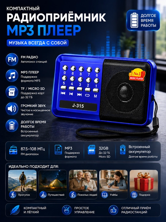 Радио J-315 MP3 плеер, FM радиоприёмник, поддержка Micro SD