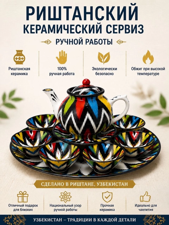 Rishtaon an’anaviy keramik choy to‘plami — 6 dona kosa, choynak, lagan va tarelka