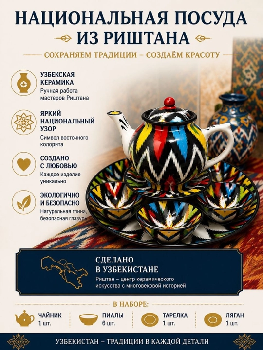 Rishtaon an’anaviy keramik choy to‘plami — 6 dona kosa, choynak, lagan va tarelka