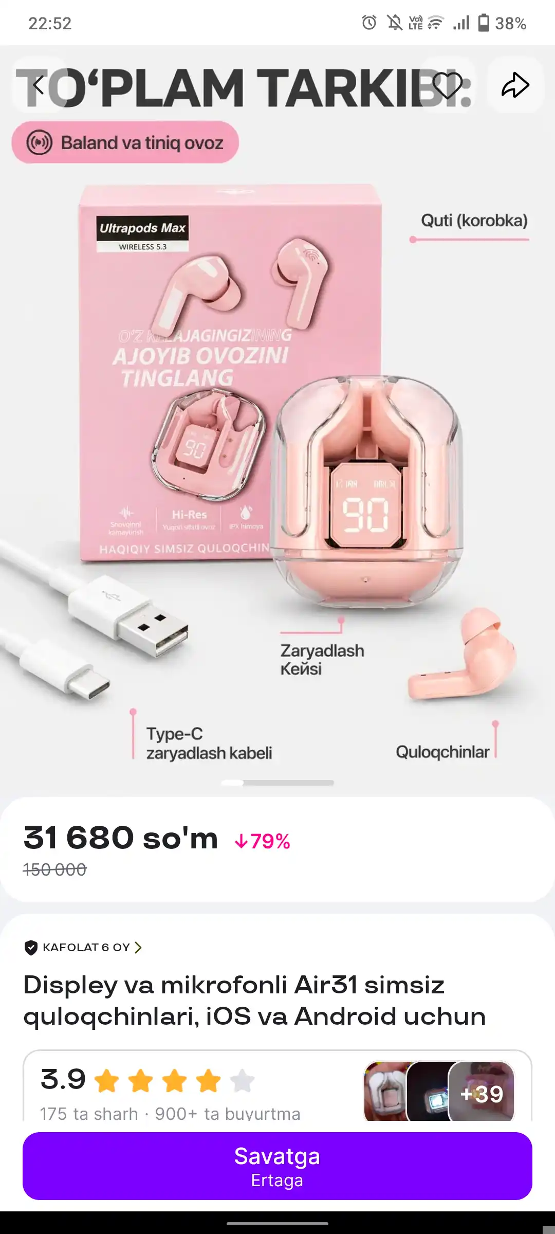 Displey va mikrofonli Air31 simsiz quloqchinlari, iOS va Android uchun