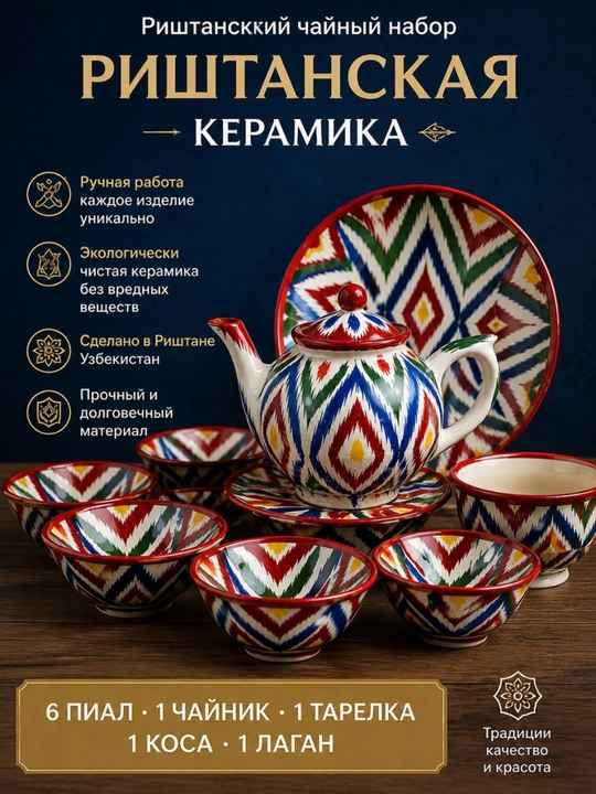 Rishtaon an’anaviy keramik choy to‘plami — 6 dona kosa, choynak, lagan va tarelka