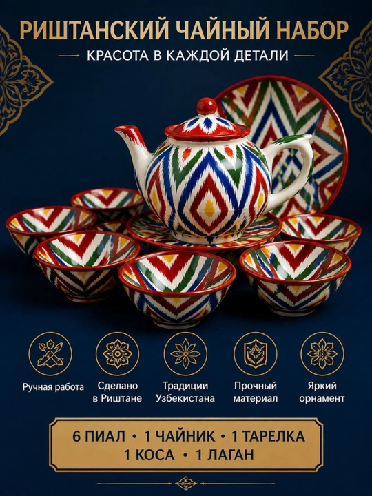 Rishtaon an’anaviy keramik choy to‘plami — 6 dona kosa, choynak, lagan va tarelka