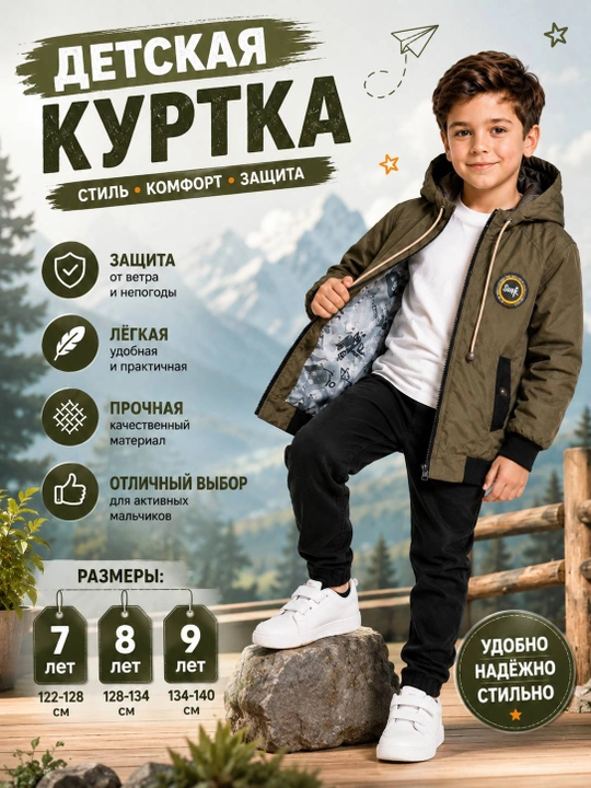 O‘g‘il bolalar kurtkasi, kuzgi-bahorgi demisezonn, kapyushonli, yengil va qulay