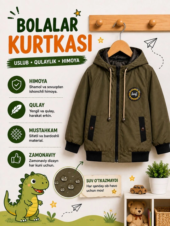 O‘g‘il bolalar kurtkasi, kuzgi-bahorgi demisezonn, kapyushonli, yengil va qulay