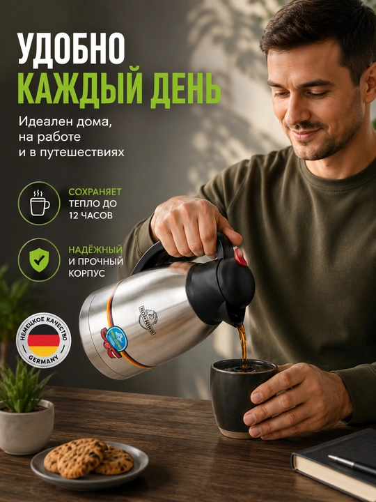 Вакуумный термос IRON объемом 2 л — сохраняет содержимое горячим до 12 часов. - 