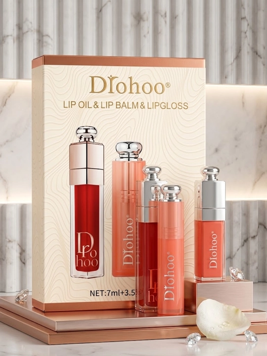 Набор для губ Drohoo 3 в 1: Lip Oil, Lip Balm и Lip Gloss, оттенки 01–06 - 