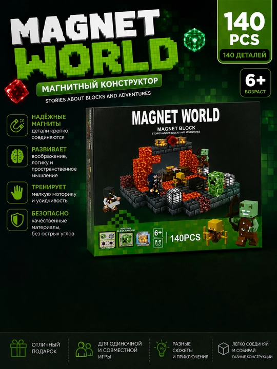 Magnet World — магнитный конструктор 140 деталей, игровой набор 6+ - 