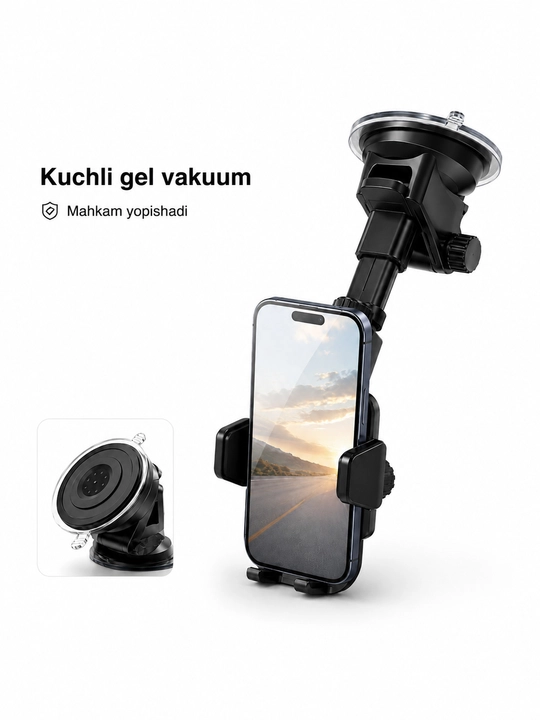 Avtomobil uchun telefon ushlagichi, vakuumli, 360° aylanuvchi, qora