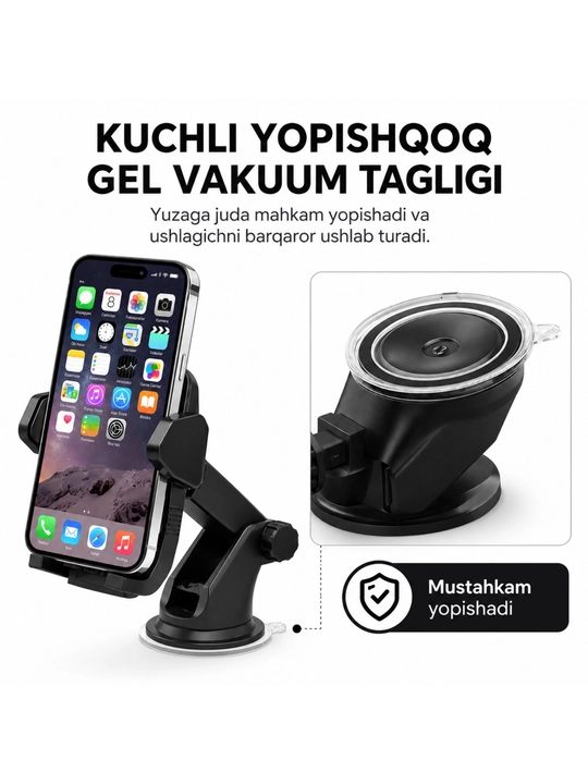 Avtomobil uchun telefon ushlagichi, vakuumli, 360° aylanuvchi, qora