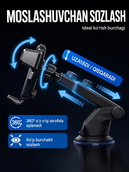 Avtomobil uchun telefon ushlagichi, vakuumli, 360° aylanuvchi, qora