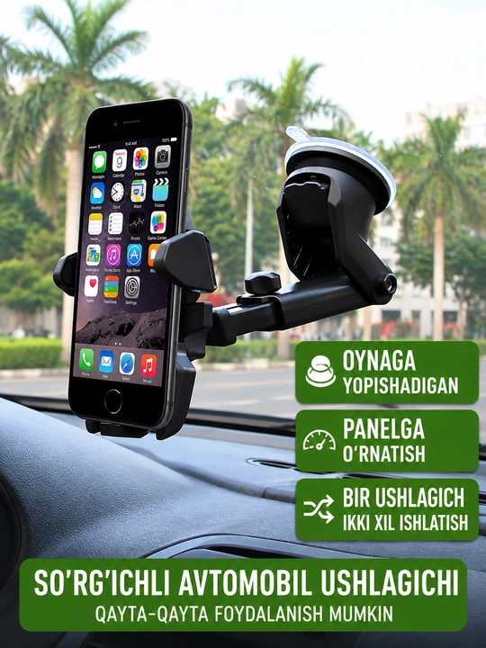 Avtomobil uchun telefon ushlagichi, vakuumli, 360° aylanuvchi, qora - 