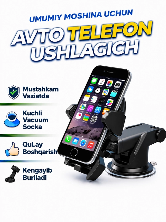 Avtomobil uchun telefon ushlagichi, vakuumli, 360° aylanuvchi, qora