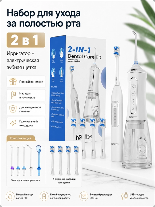 Ирригатор и электрическая зубная щетка 2в1 H2ofloss IPX7, дорожный набор, PD - 