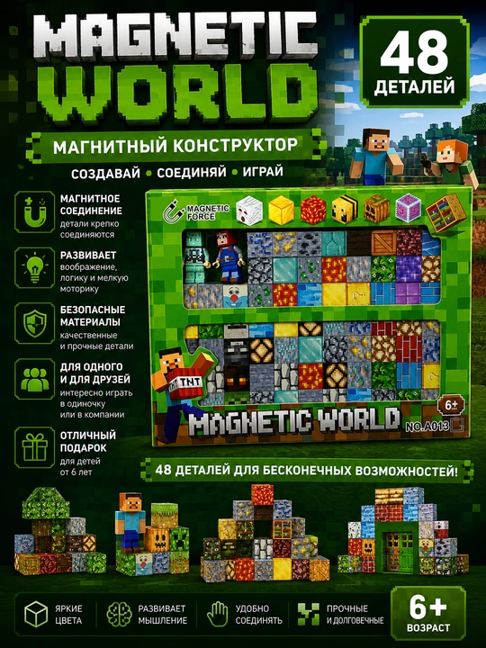 Magnet World magnitli konstruktor — 48 detalli, bolalar uchun ijodiy to‘plam