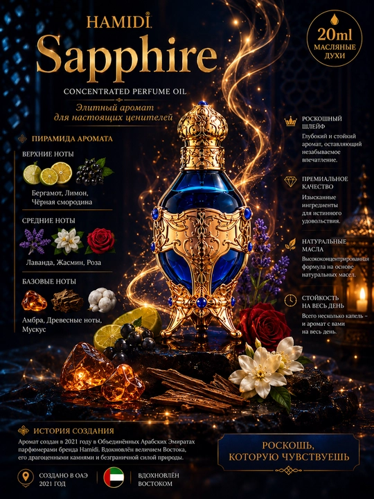 HAMIDI, Sapphire — масляные духи-унисекс, воплощающие восточное очарование, 20 мл