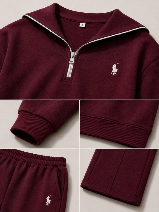 Qizlar uchun bordo rangli sport kostyumi, polo logotipi bilan, 8–12 yosh