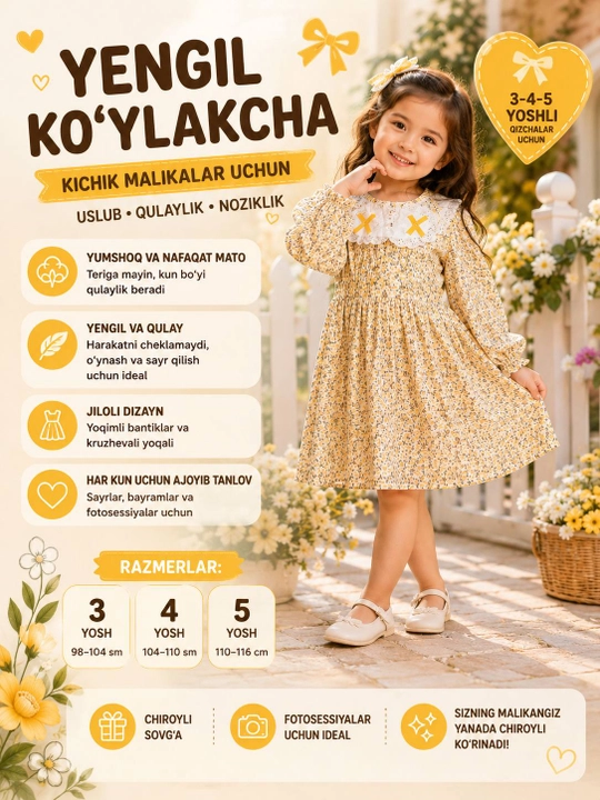 3–5 yoshli qizlar uchun ko‘ylak, gulli printli, uzun yengli bolalar ko‘ylagi
