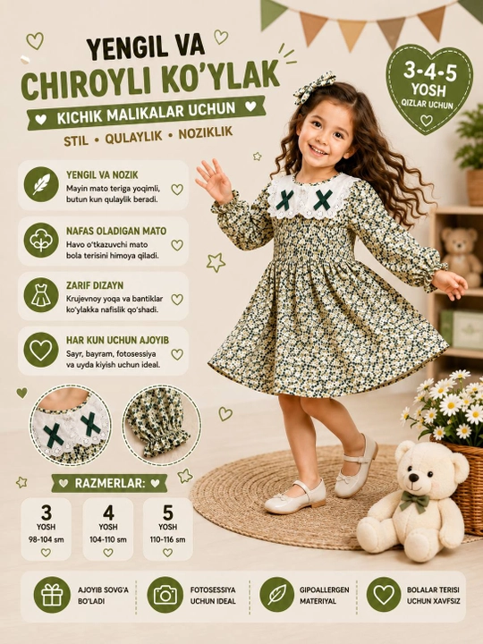 3–5 yoshli qizlar uchun ko‘ylak, gulli printli, uzun yengli bolalar ko‘ylagi - 