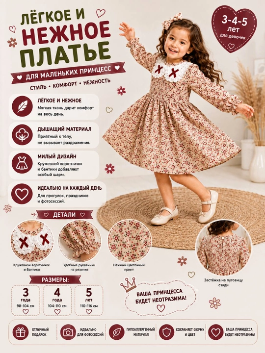 3–5 yoshli qizlar uchun ko‘ylak, gulli printli, uzun yengli bolalar ko‘ylagi