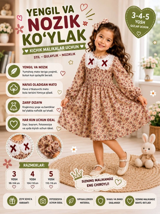 3–5 yoshli qizlar uchun ko‘ylak, gulli printli, uzun yengli bolalar ko‘ylagi