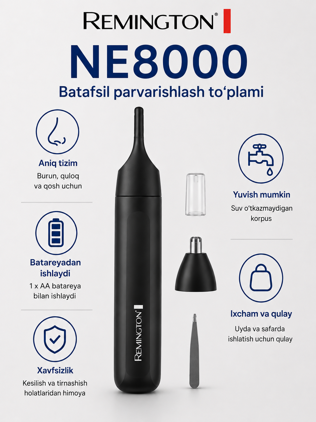 Batafsil trimmer, quloqlar, qoshlar, burun Remington NE8000 sochlar uchun pinset