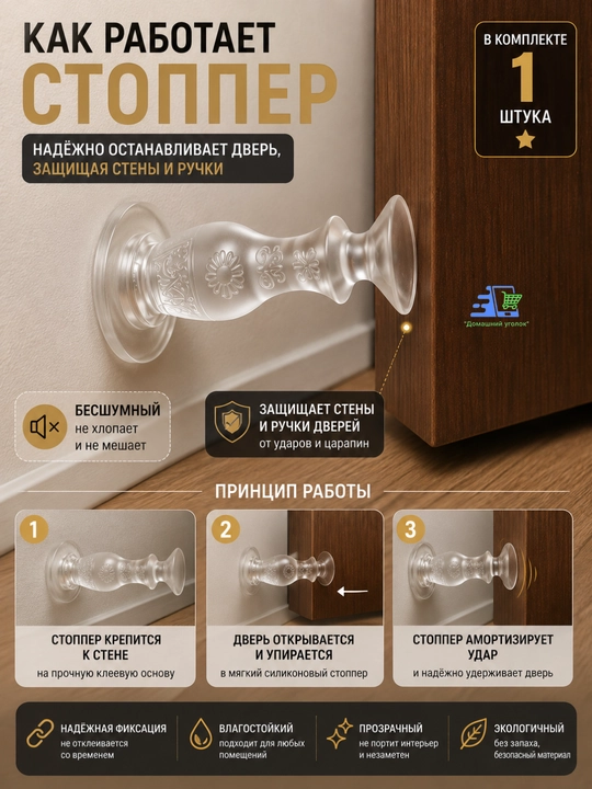 Eshik cheklagichi, devor uchun stoppa — shovqin va zarbadan himoya