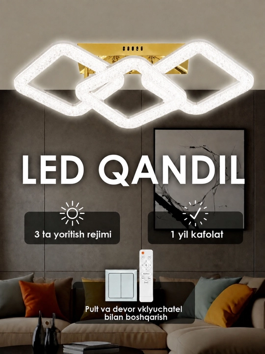 Yotoqxona, zal, oshxona uchun LED shift qandil, pultli, 3 xil yoritish rejimiga ega - 