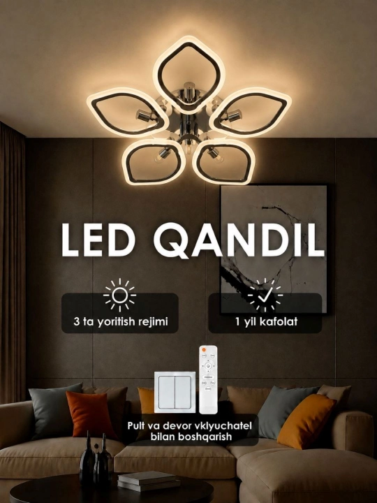 Qandil svetodiodli, dumaloq, kvadrat, kristallar va pulti bilan - 