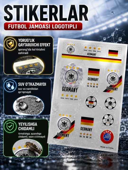 Futbol jamoasi logotipli stikerlar, rangli suv o‘tkazmaydigan stikerlar - 