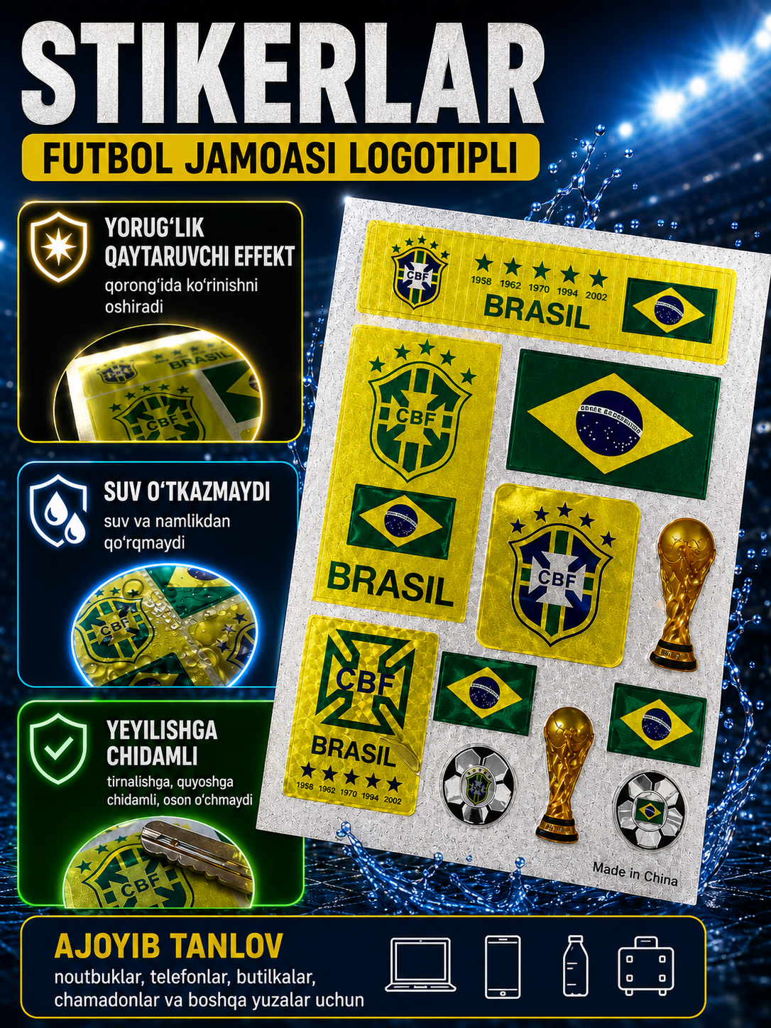 Futbol jamoasi logotipli stikerlar, rangli suv o‘tkazmaydigan stikerlar - 