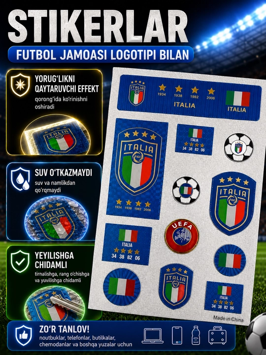 Futbol jamoasi logotipli stikerlar, rangli suv o‘tkazmaydigan stikerlar - 