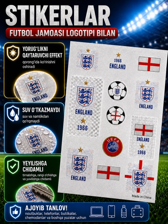 Futbol jamoasi logotipli stikerlar, rangli suv o‘tkazmaydigan stikerlar - 