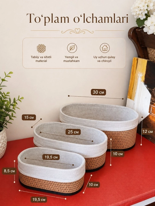 Rattan uslubidagi saqlash savati – organizer to‘plami