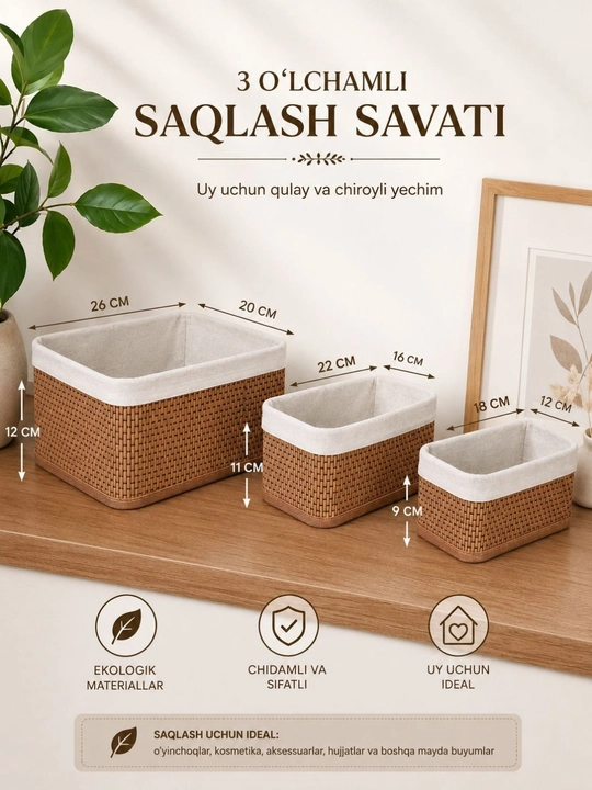 Rattan uslubidagi saqlash savati – organizer to‘plami