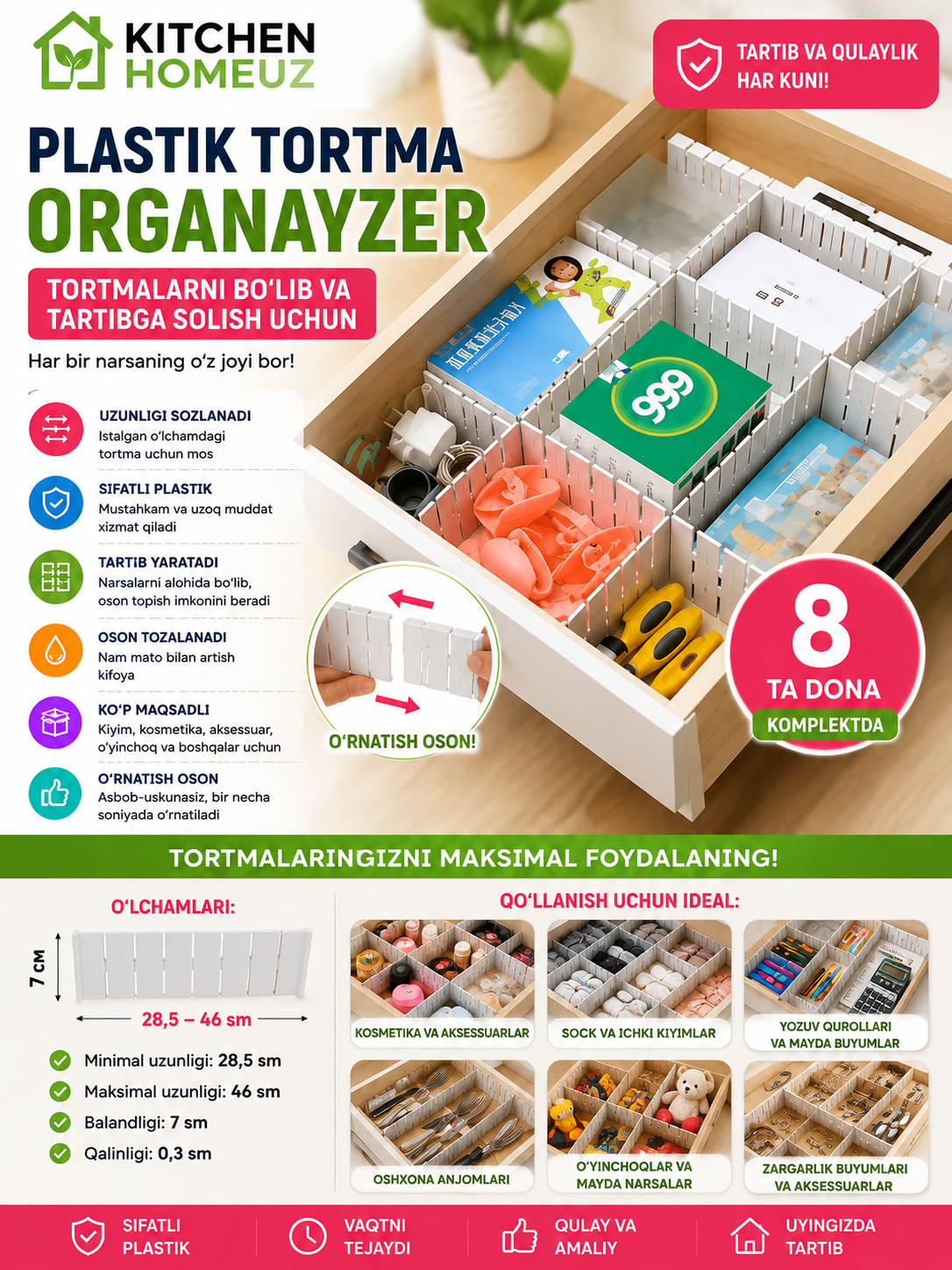 Tortmalarni bo‘lib, tartibga soluvchi plastik organayzer