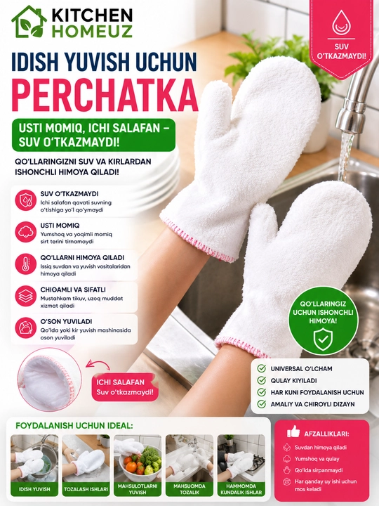 Idish yuvish uchun suv o‘tkazmaydigan perchatka