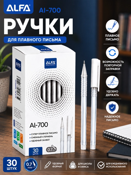 ALFA,DOKTOR PENS, 30 ta ko‘k sharikli ruchka, o‘rta uchli, maktab va ofis uchun