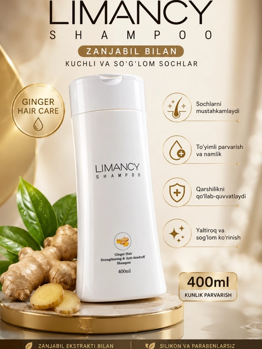 LIMANCY zanjabil ekstraktli, sochni mustahkamlovchi va qag'oqqa qarshi shampun, 400 ml - 