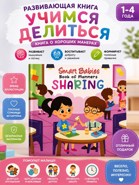 1–4 yoshli bolalar uchun “Bo‘lishishni o‘rganamiz” rivojlantiruvchi kitob — Smart Babies - 