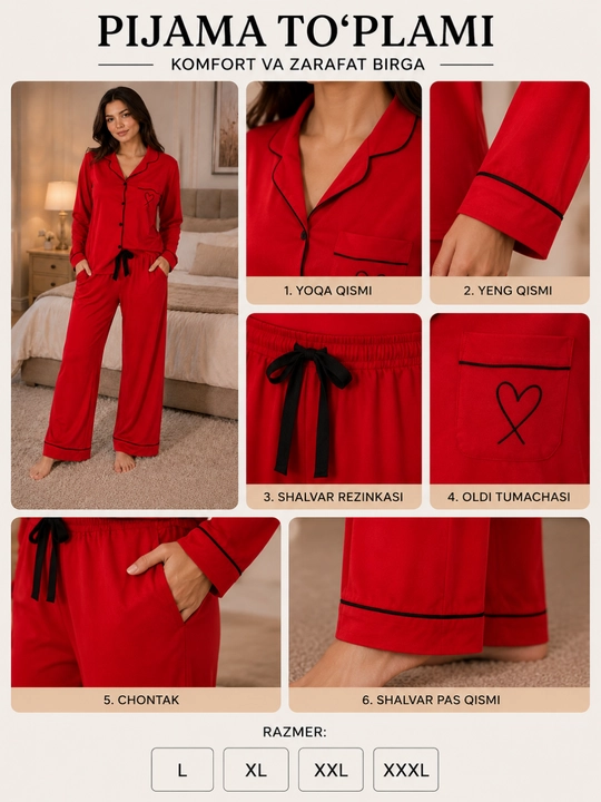 Ayollar pijamasi 2 qismli, uy kiyimi to'plami, yumshoq mato, nafas oluvchi, L-XXXL
