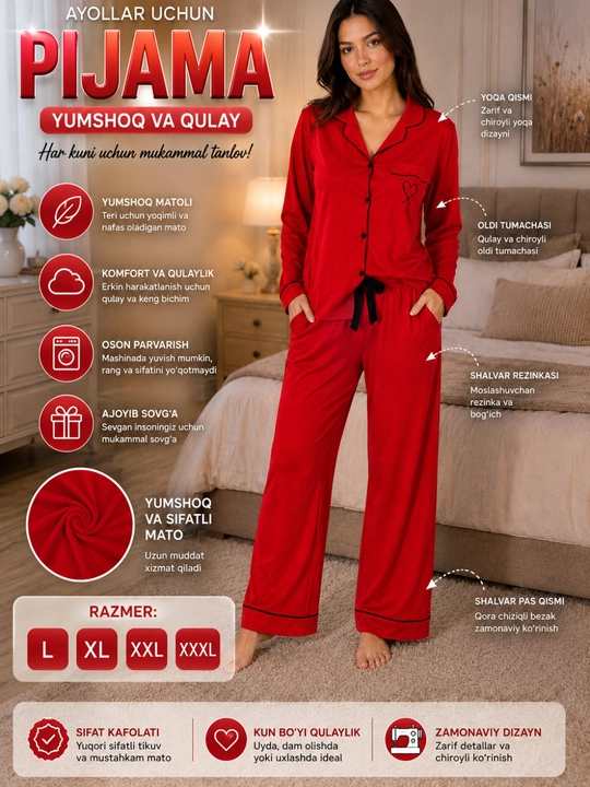 Ayollar pijamasi 2 qismli, uy kiyimi to'plami, yumshoq mato, nafas oluvchi, L-XXXL