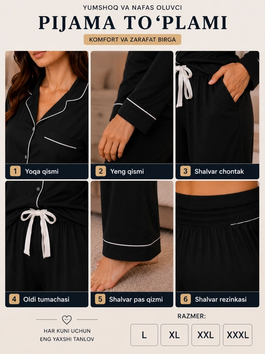 Ayollar pijamasi 2 qismli, uy kiyimi to'plami, yumshoq mato, nafas oluvchi, L-XXXL