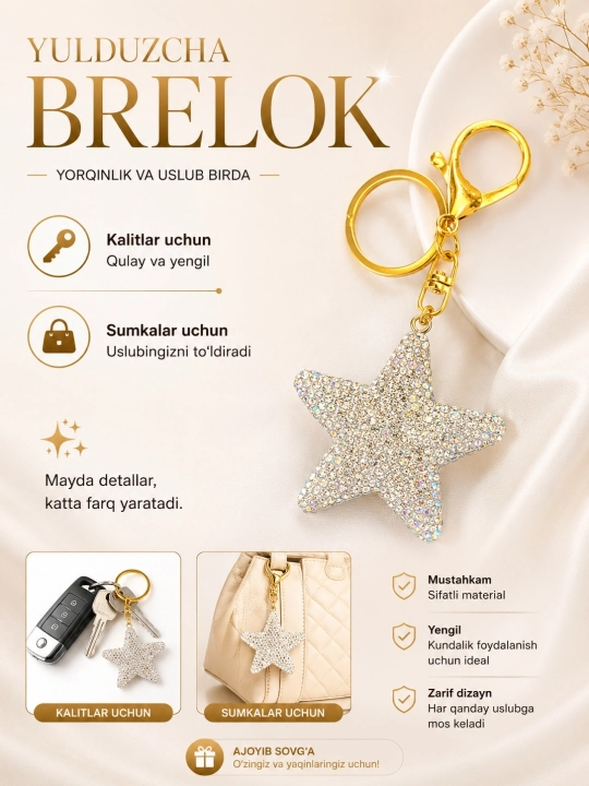 Yulduzcha brelok, Kalitlar uchun brelok, sumka uchun brelok, qizlar uchun sovg‘a - 